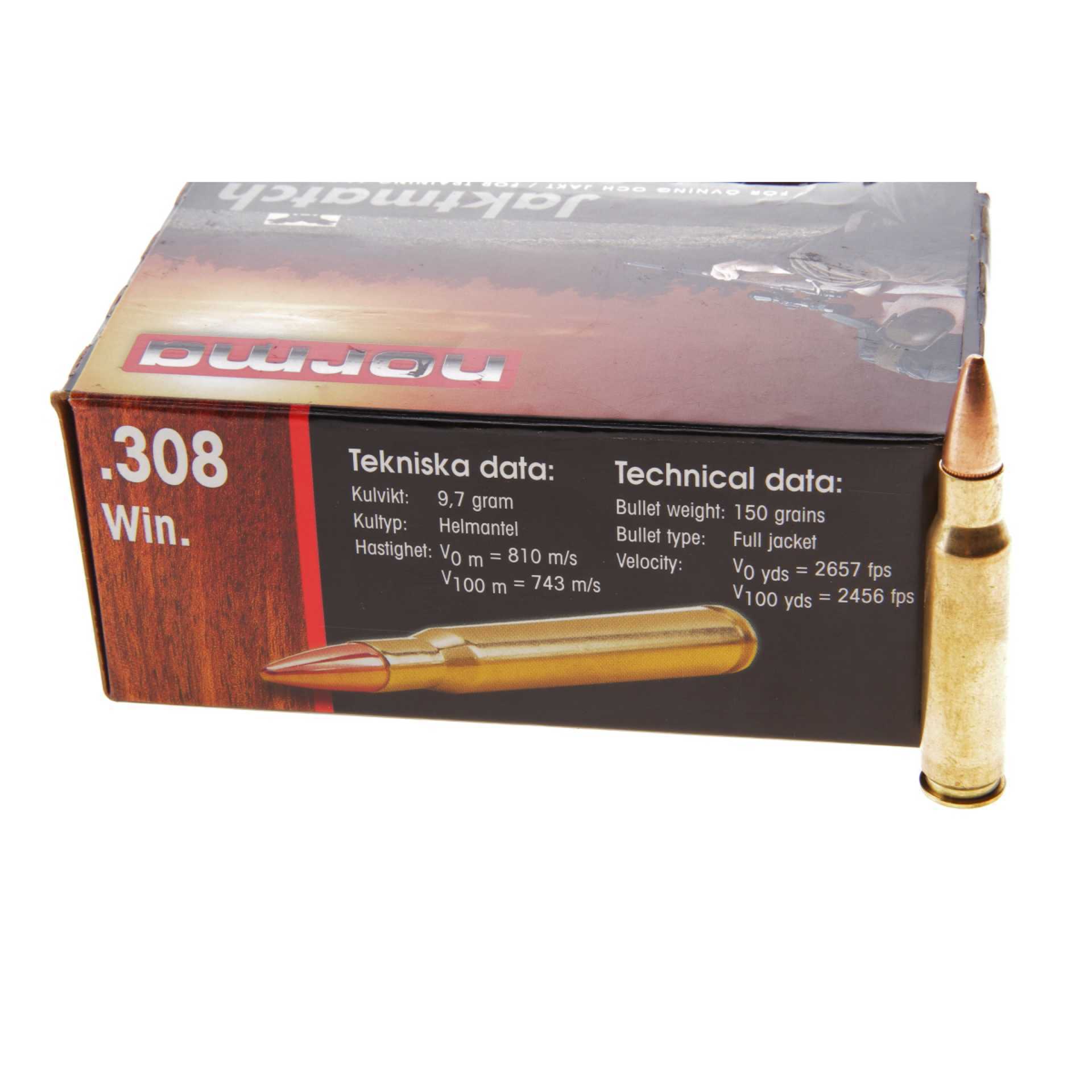 Патрони NORMA кал 308 Win FMJ Jaktmatch 9 7g 150g A 014901